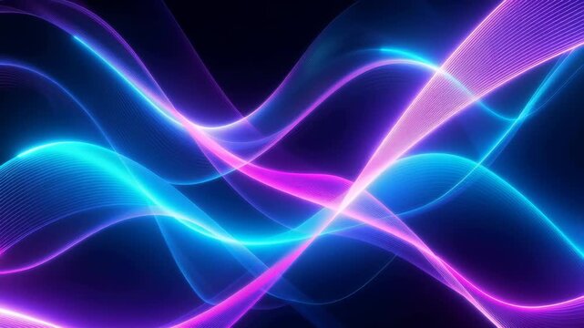Abstract neon ribbon waves of flowing purple and cyan light forming interlacing luminous curves and sinuous glowing strands against a dark background, vibrant energy motion