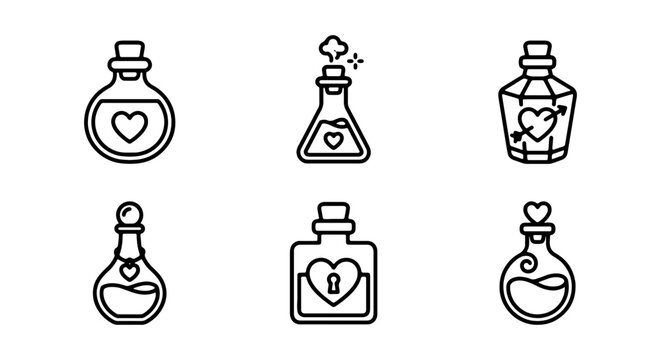 Love Potion Icons, Valentine's Day Elixir Bottles, Romantic Liquid Vials, Set of 6