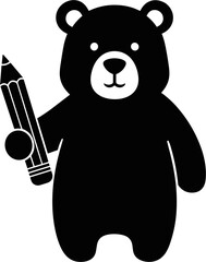 Cute black bear holding a pencil, isolated on white background, graphic design concept. © Musani