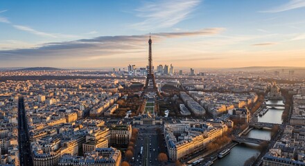 Naklejka premium Eiffel Tower aerial view over Paris at sunset, golden hour cityscape with Seine River, historic French architecture, La Defense skyline, iconic landmark