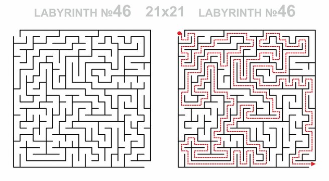 Solved maze vector 21x21 with answer key. Square labyrinth for kids activity. Maze challenge with answers. Easy to use.