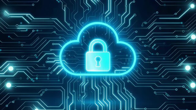 Glowing neon cloud icon with a central padlock over a circuit-board background representing cloud security, data protection, encryption and network safeguard for digital systems.