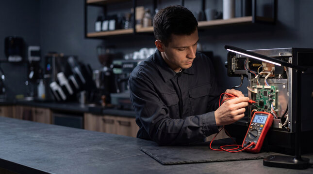Repairman testing modern coffee machine circuit board with multimeter. Professional male technician fixing appliance in cafe. Electronics diagnostic and electrical engineering maintenance.