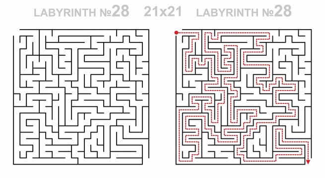 Maze challenge with answers. Complex maze path 21x21 with solution. Empty grid template for teachers. Hard.