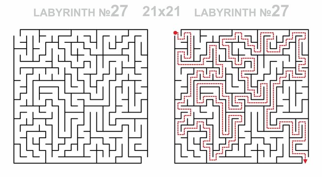Empty grid template. Square labyrinth 21x21 with solution. Maze for kids activity. Labyrinth game grid. Easy level.