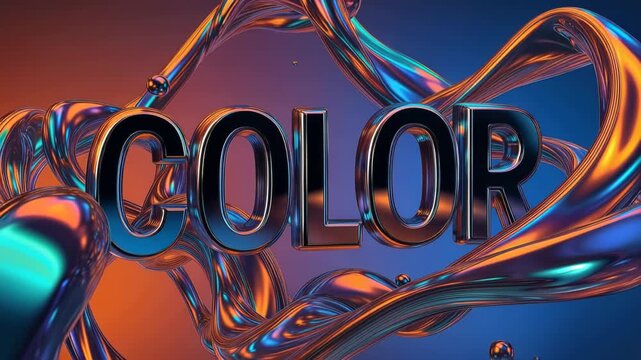 Bold metallic 3D COLOR lettering surrounded by swirling iridescent liquid ribbons and glossy blue-orange gradient splashes, dynamic abstract typography with reflective motion