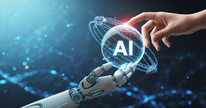 Human hand reaching to touch glowing ai sphere held by robotic hand against blue network.