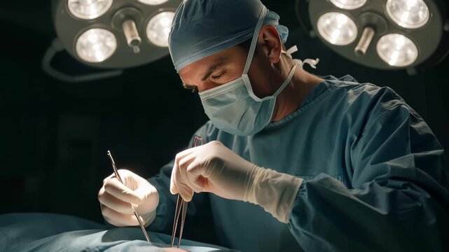 Close-up of a surgeon performing a delicate surgical procedure in an operating room under bright surgical lights, wearing scrubs, mask, gloves and using precision instruments.