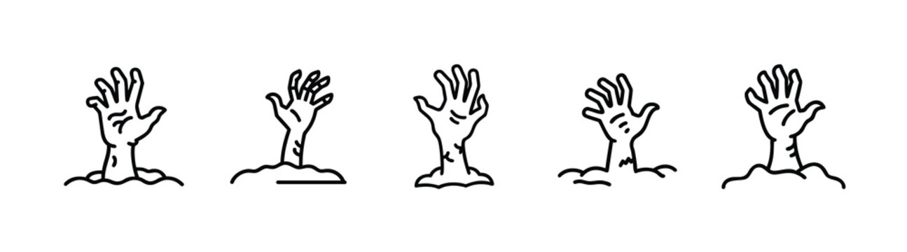 Zombie hand outline icons set horror scary dead undead ghost Halloween monster grave spooky  vector illustration with editable stroke.