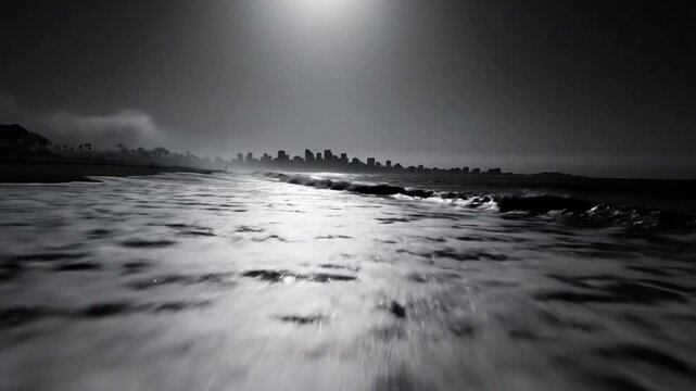 Black and white view of waves crashing on the beach with a distant city skyline under an overcast sky creating a somber mood