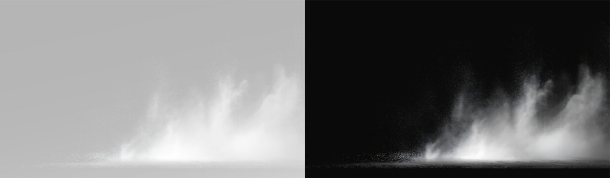 Realistic ground explosion set, atmospheric flying earth particles and cinematic dust splash on contrast backgrounds