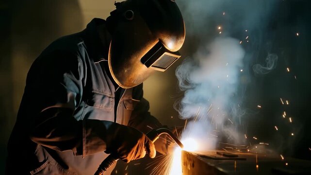 Cinematic close-up of a helmeted welder performing intense arc welding in a dim industrial workshop, dramatic sparks and smoke flying as metal is fused with focused precision.