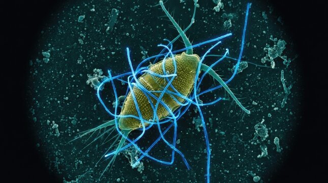 Microorganism, plankton cell entangled by synthetic microplastic filaments, demonstrating severe environmental danger of plastic pollution, marine ecosystem damage, ecological threat.