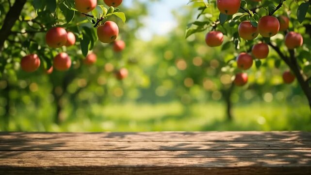 Sunlit apple orchard with ripe red apples hanging from leafy branches over a rustic wooden table, blurred green summer background evoking harvest, nature, and outdoor produce