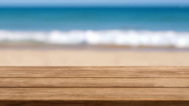 Detailed close-up of weathered wooden tabletop in sharp focus in the foreground with a softly blurred sandy beach, surf and turquoise ocean horizon in the background
