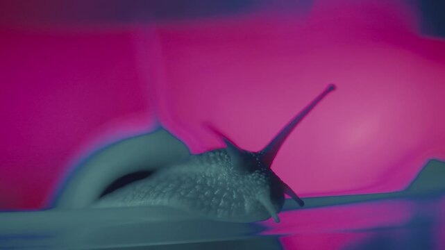 Snail moves across a colorful tank at night in a close-up shot