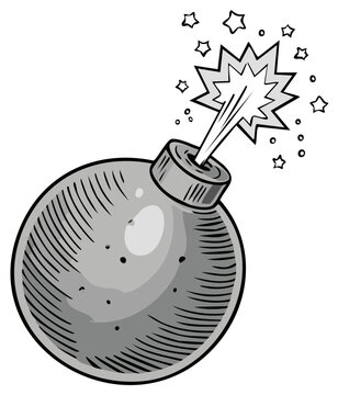 Vintage cartoon bomb with fuse burning and sparks exploding outwards in a comic book style drawing