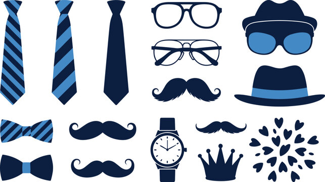 Collection of blue and dark navy male fashion accessories including neckties bow ties eyeglasses fedora hats mustaches a wristwatch and a crown isolated on a white background