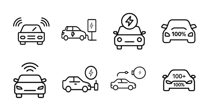 Electric smart vehicle web line icons set autonomous driving car EV battery charging smart connected auto wireless signal & more vector illustration with editable stroke.
