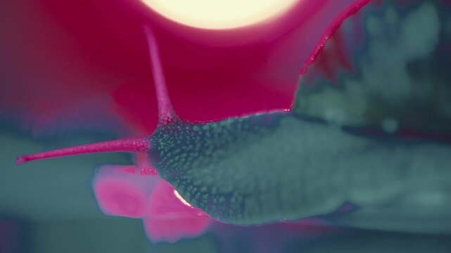 Snail moves slowly across surface with light reflecting off its shell