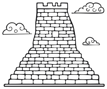 Ancient stone fortress tower structure with crenellated parapet and fluffy clouds in a simple line drawing style