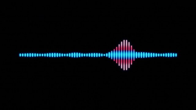 Animated futuristic audio equalizer spectrum analyzer. Glowing blue and red vertical bars react to music on a black background. A seamless loop visualization element for DJ sets