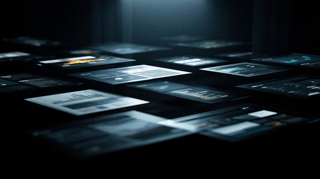 Digital Data Array in Cyber Space: A matrix of digital interfaces glows, symbolizing the intricate network of data and information in the digital age.