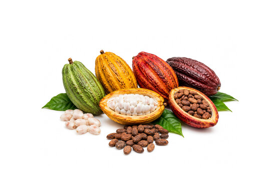 Assortment of ripe cacao pods in different colors with opened cocoa fruits, fresh white pulp seeds and dried cocoa beans isolated on a white background. Raw ingredients for chocolate production.