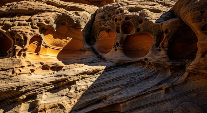 Sandstone honeycomb weathering and cross-bedding patterns under golden hour light, desert rock formations with tafoni erosion, Southwest USA geology, nature's intricate textures.