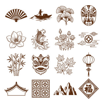 Asian motifs collection hand drawn style vintage brown tones on white background high-quality professional detailed