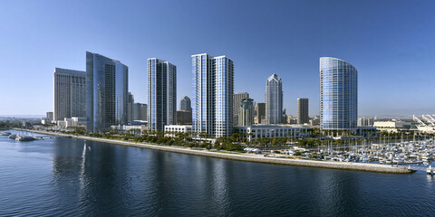 Fototapeta premium San Diego Skyline: Modern Architecture and Waterfront Reflections in a Vibrant Coastal City