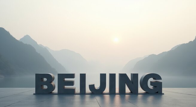 Sign that says beijing in front of a mountain range