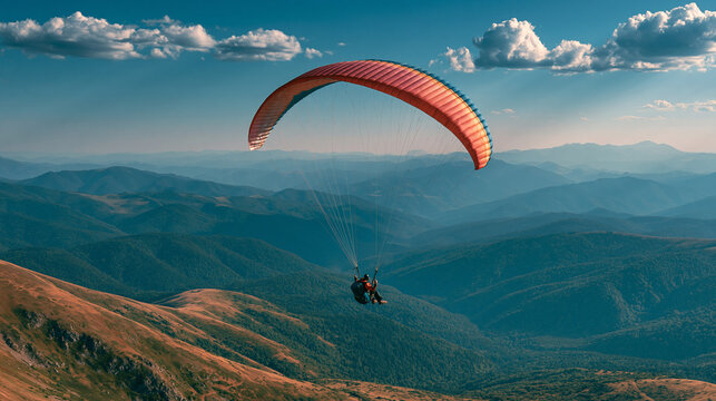 Paragliding Adventure Amidst Scenic Mountains: Experience the Thrill of Outdoor Freedom in Sunny Skies