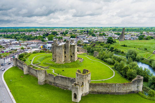 Aerial view of Trim Castle in County Meath, Ireland. The great Anglo Norman fortress rising above the River Boyne beside the medieval heritage town of Trim.