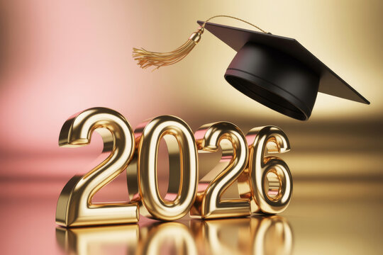 Flying graduation cap with golden 2026 numbers, celebration of graduating class