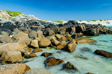 Naklejka premium Rocky shoreline and turquoise water at Dogs Bay near Roundstone, Connemara, County Galway. Scenic white sand beach on the Wild Atlantic Way beside Gurteen Bay, Ireland