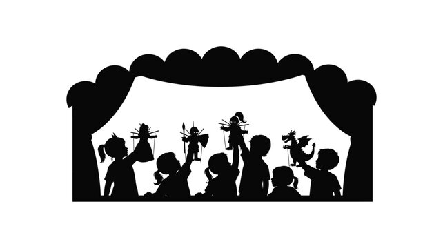 Children playing with shadow puppets on a small stage