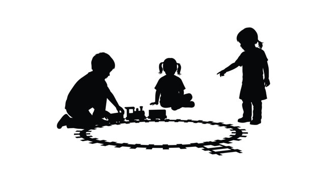Three children playing with a toy train set silhouette