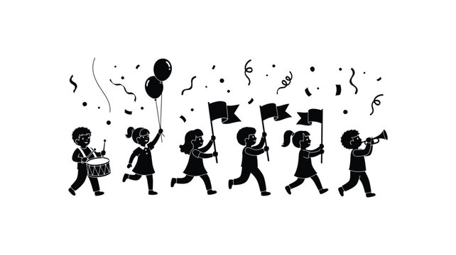 Group of happy children celebrating in a fun parade