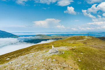 Naklejka premium Aerial view from Minaun Heights on Achill Island, County Mayo, Ireland. Panoramic Atlantic landscape with Croaghaun, Clew Bay and wild mountain scenery.