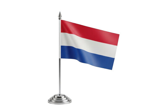 Small dutch flag on a silver metal desk stand isolated on transparent background
