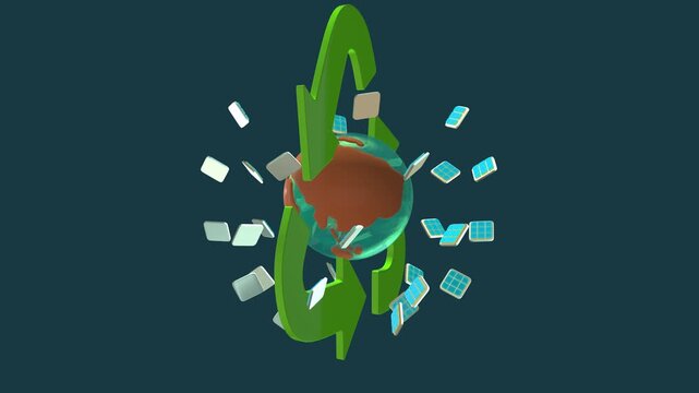Green recycle symbol protecting planet earth with solar panels