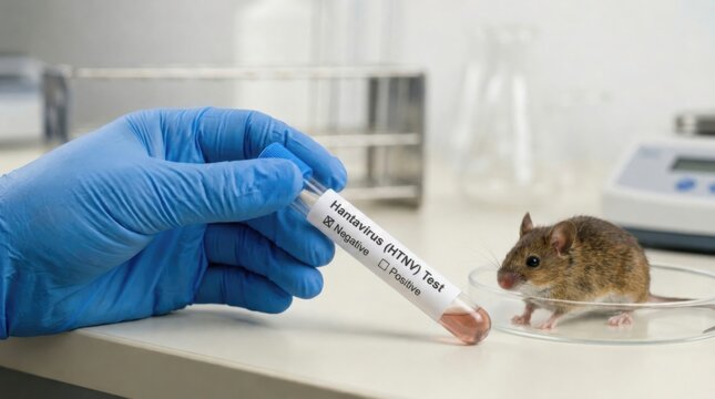 Gloved hand holding labeled hantavirus sample tube beside brown mouse on white laboratory bench, zoonotic disease diagnosis and research concept