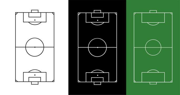 Soccer field pitch from aerial perspective. Green football field with marked lines, goal areas, and grass texture. Top view stadium ground layout for sport game design template.