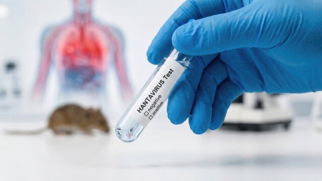 Gloved hand holding labeled hantavirus sample tube in bright laboratory with blurred mouse and lung model, zoonotic disease diagnosis concept