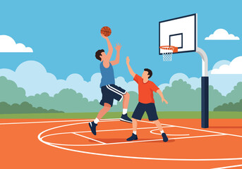 Flat vector illustration of two basketball players in action during an outdoor game, featuring a dynamic slam dunk or layup scene on a sunny court with modern sports design © Amie