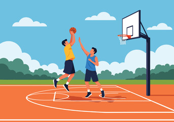 Flat vector illustration of two basketball players in action during an outdoor game, featuring a dynamic slam dunk or layup scene on a sunny court with modern sports design © Amie