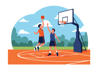 Flat vector illustration of two basketball players in action during an outdoor game, featuring a dynamic slam dunk or layup scene on a sunny court with modern sports design © Amie