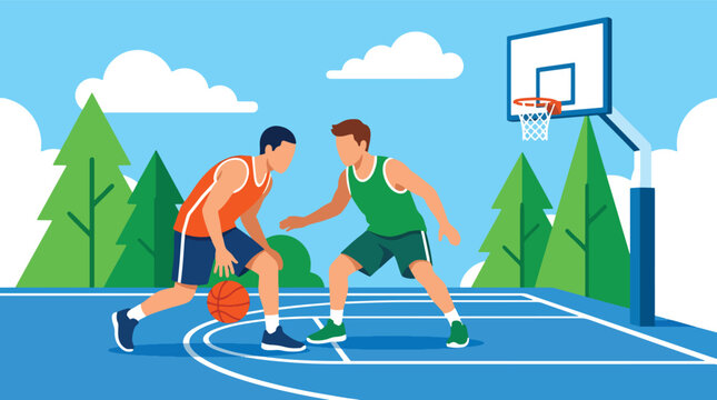 Modern flat vector illustration of basketball players competing on an outdoor court, showing intense dribbling defense action with clean colorful sports artwork