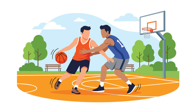Modern flat vector illustration of basketball players competing on an outdoor court, showing intense dribbling defense action with clean colorful sports artwork
